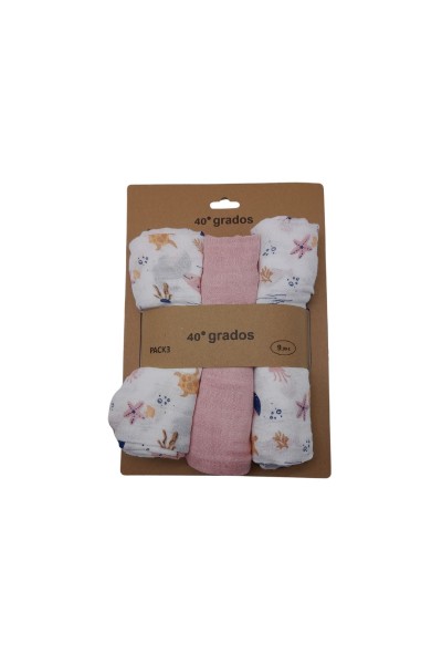 Pack 3 gasas muselinas océano rosa 80x80-40 Grados
