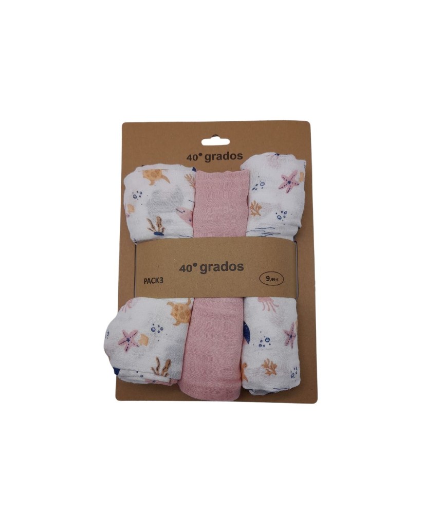 Pack 3 gasas muselinas océano rosa 80x80-40 Grados