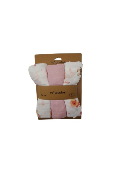 Pack 3 gasas muselinas animales rosa 80x80-40 Grados