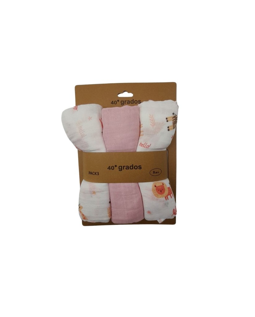 Pack 3 gasas muselinas animales rosa 80x80-40 Grados