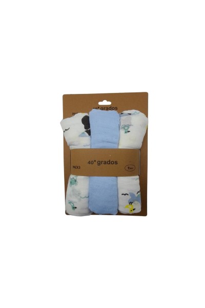Pack 3 gasas muselinas océano azul 80x80-40 Grados