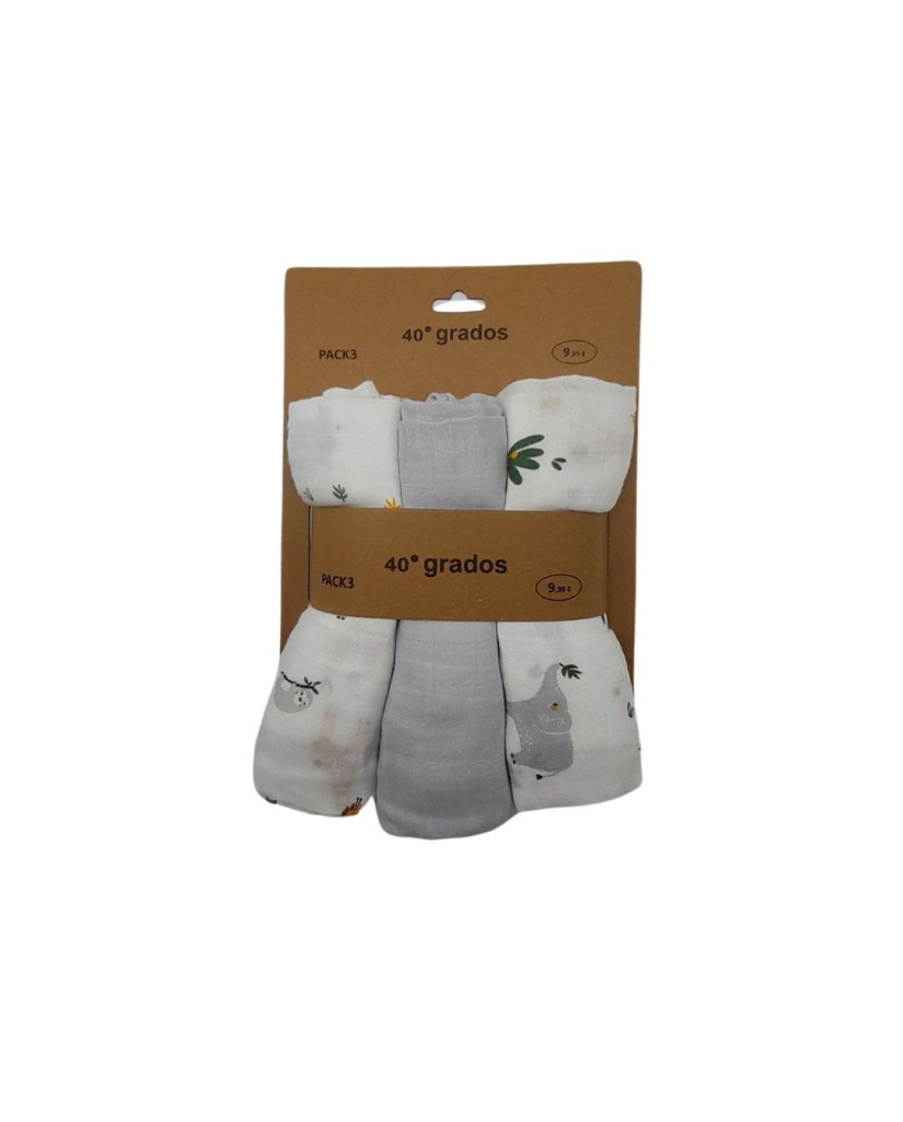 Pack 3 gasas muselinas animales pequeños 80x80-40 Grados
