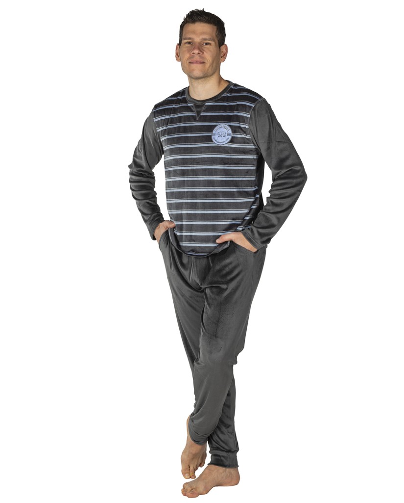 Pijama hombre terciopelo gris rayas Javier Golmar