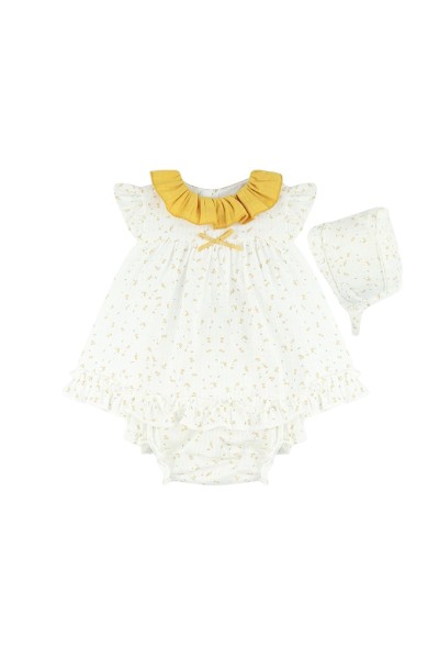 Vestido bebé con braguita y capota de flores mostaza-Babyferr