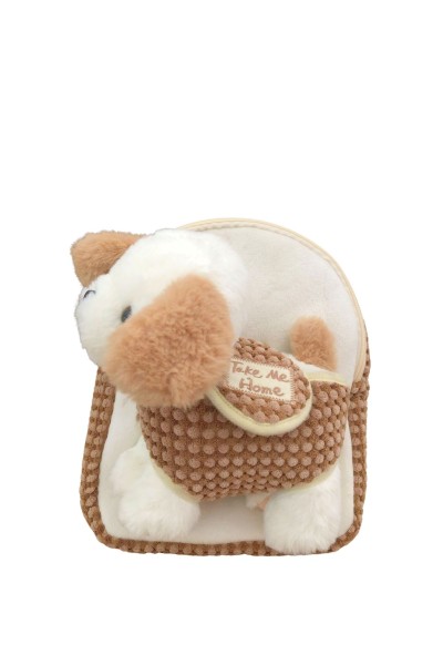 Mochila infantil con perrito de peluche blanco y marrón