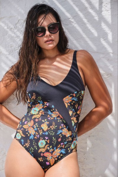Bañador mujer reductor negro flores
