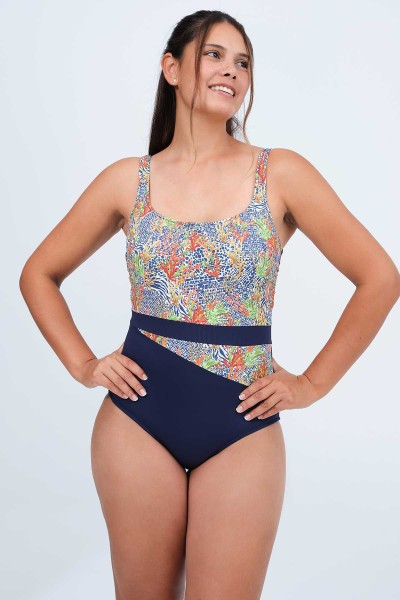 Bañador mujer reductor azul marino flores
