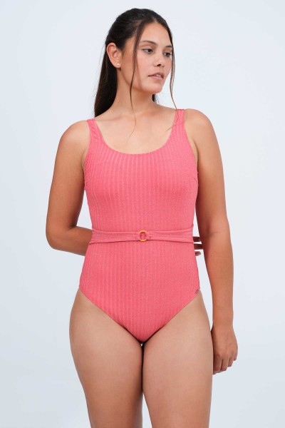 Bañador mujer rosa liso con textura y cinturón