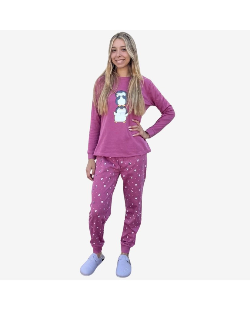 D853 PIJAMA ALGODÓN AFELPADO MUJER PINGÜINOS