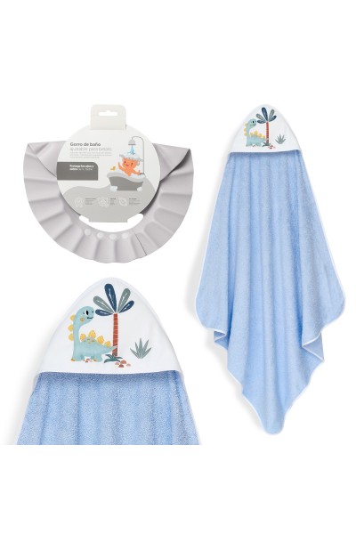 1261 CAPA BAÑO 1X1 MOD ESTAMPADO DINOSAURIO PALMERA+GORRO