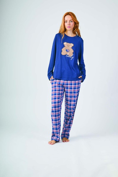 XJG_FP0120 Pijama mujer franela cuadros osito