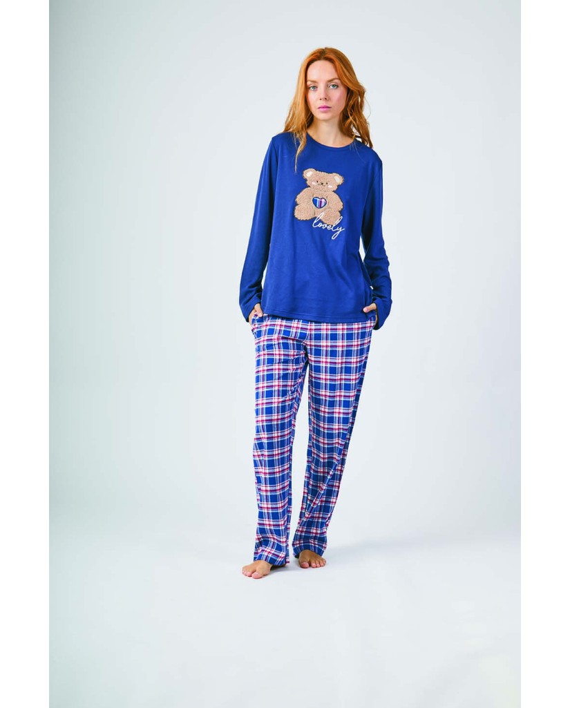 XJG_FP0120 Pijama mujer franela cuadros osito