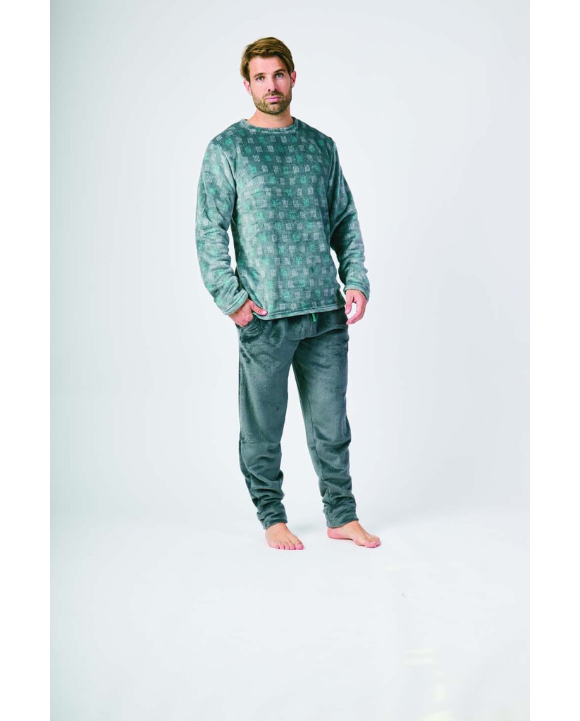 XJG_FP5368 Pijama coralina hombre verde cuadros