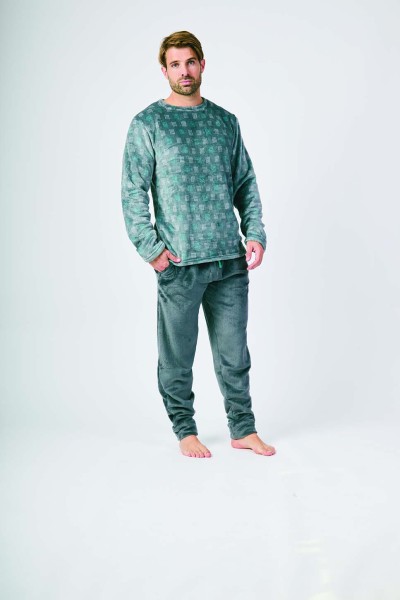 XJG_FP5368 Pijama coralina hombre verde cuadros