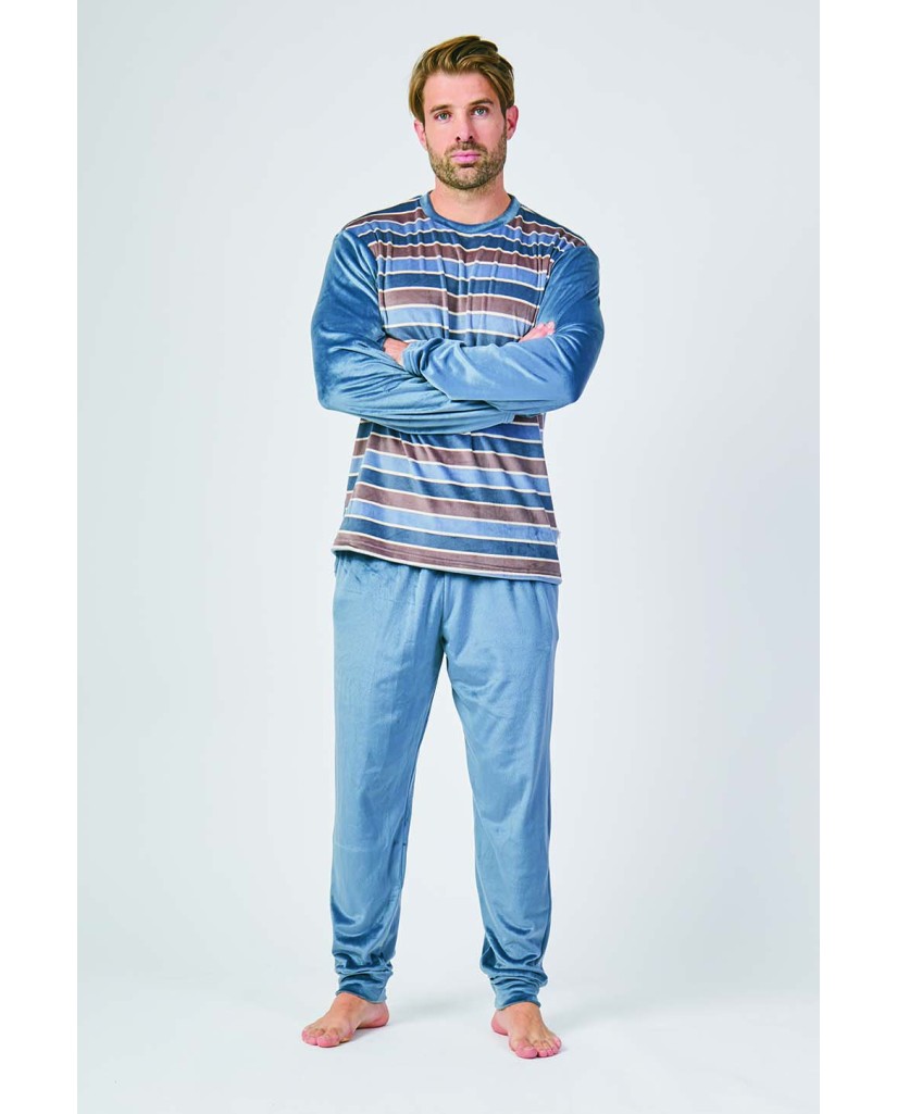 XJG_FP5552 Pijama terciopelo hombre rayas azul