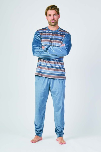 XJG_FP5552 Pijama terciopelo hombre rayas azul